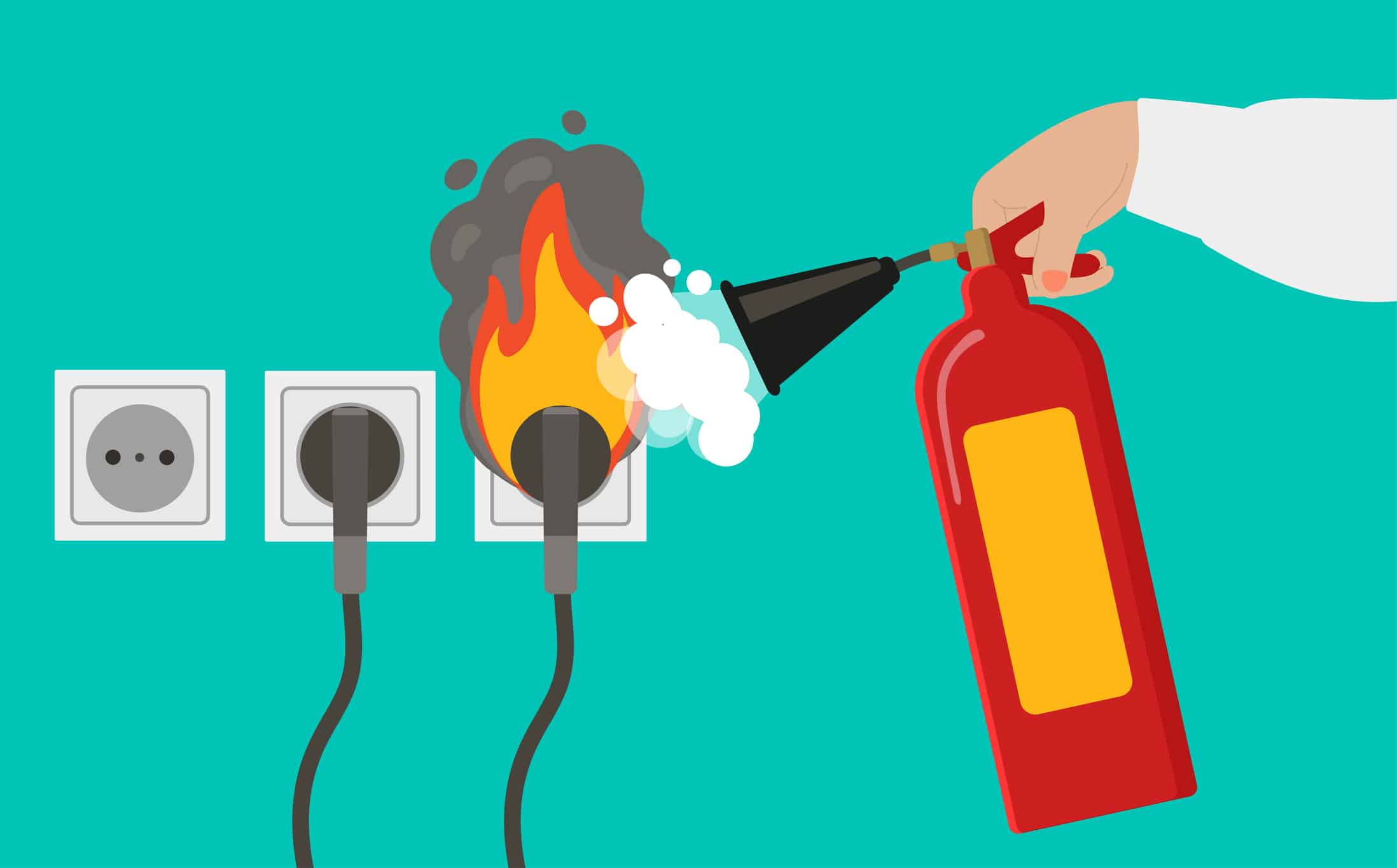 A cartoon image of someone putting out an electrical fire from an outlet with a fire extinguisher.