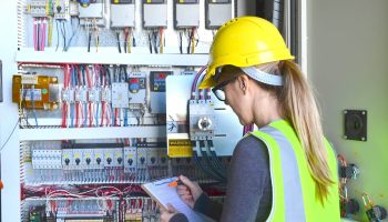 An Electrician With A Clipboard Conducting An Electrical Inspection On An Electrical Panel.