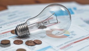 An electric bill with a light bulb sitting on top, which could be fixed by these Texas energy efficiency tips.